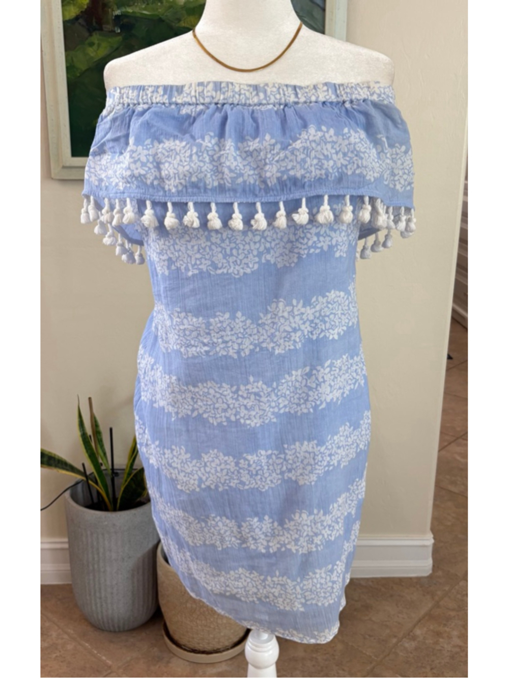 Sail to Sable Blue & White Floral Off-Shoulder lined Mini Dress M tassel trim